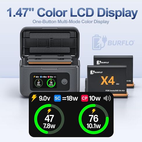 Burflo 2-Pack 2050mAh بطاريات بديلة لـ Insta360 X4 Air مع حقيبة شحن سريعة مزدوجة 20 وات، شاشة LCD تعرض البطارية SOC in Kuwait