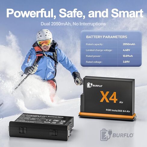 Burflo 2-Pack 2050mAh بطاريات بديلة لـ Insta360 X4 Air مع حقيبة شحن سريعة مزدوجة 20 وات، شاشة LCD تعرض البطارية SOC in Kuwait