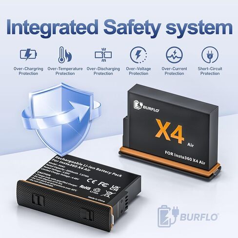 Burflo 2-Pack 2050mAh بطاريات بديلة لـ Insta360 X4 Air مع حقيبة شحن سريعة مزدوجة 20 وات، شاشة LCD تعرض البطارية SOC in Kuwait