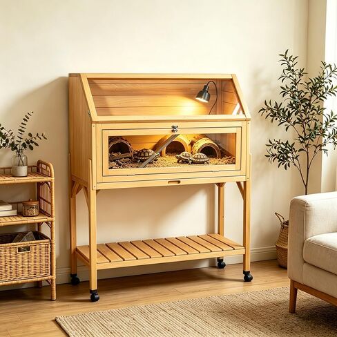 Tortoise Habitat Turtle Enclosure Wooden Tortoise House Indoor & Outdoor Tortoise Enclosure with Light Stand Leakproof Tray Stand Legs for Gecko, Lizard, Snake (Yellow Black) in Saudi Arabia