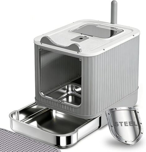Upgraded Stainless Steel Fully Enclosed Cat Litter Box with Lid - Foldable Covered Kitty Litter Enclosure, Anti-Splashing, Easy to Clean with Drawer, Includes Cat Mat and Scoop - White & Grey in Saudi Arabia