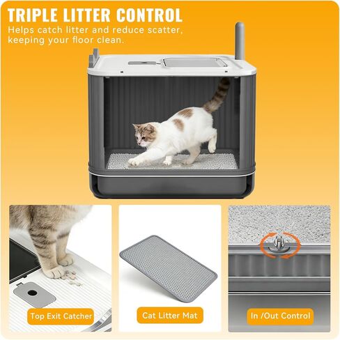 Upgraded Stainless Steel Fully Enclosed Cat Litter Box with Lid - Foldable Covered Kitty Litter Enclosure, Anti-Splashing, Easy to Clean with Drawer, Includes Cat Mat and Scoop - White & Grey in Saudi Arabia