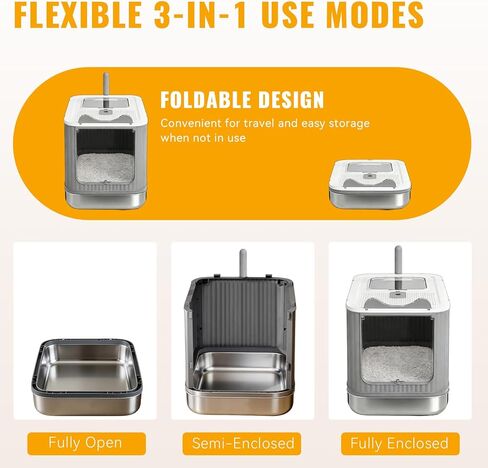 Upgraded Stainless Steel Fully Enclosed Cat Litter Box with Lid - Foldable Covered Kitty Litter Enclosure, Anti-Splashing, Easy to Clean with Drawer, Includes Cat Mat and Scoop - White & Grey in Saudi Arabia