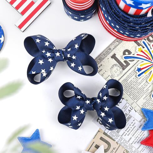 YanJie 2pcs Baby Hair Clips 3‘’ Navy Blue Bow Ribbon American Flag Hair Bows White Stars Clips in Saudi Arabia