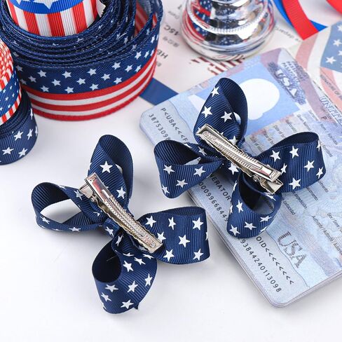 YanJie 2pcs Baby Hair Clips 3‘’ Navy Blue Bow Ribbon American Flag Hair Bows White Stars Clips in Saudi Arabia