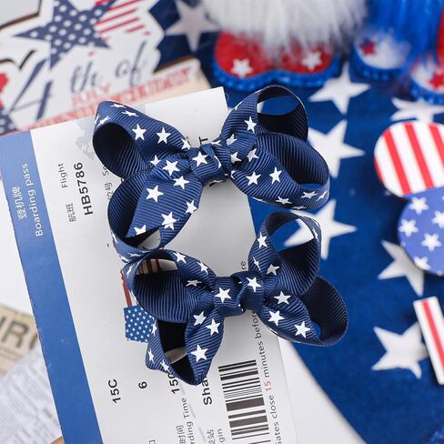YanJie 2pcs Baby Hair Clips 3‘’ Navy Blue Bow Ribbon American Flag Hair Bows White Stars Clips in Saudi Arabia