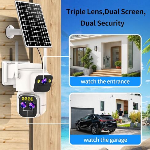 Triple-Lens Solar Security Cameras Wireless Outdoor, 360 PTZ Cameras for Home Security with 10x Hybrid Zoom, 5G/2.4G WiFi, No Month Fee, PIR Alarm, Full Color Night Vision, Two-Way Audio, IP65 in Kuwait