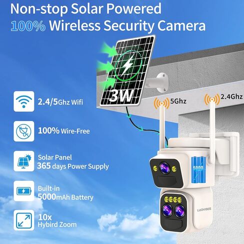 Triple-Lens Solar Security Cameras Wireless Outdoor, 360 PTZ Cameras for Home Security with 10x Hybrid Zoom, 5G/2.4G WiFi, No Month Fee, PIR Alarm, Full Color Night Vision, Two-Way Audio, IP65 in Kuwait