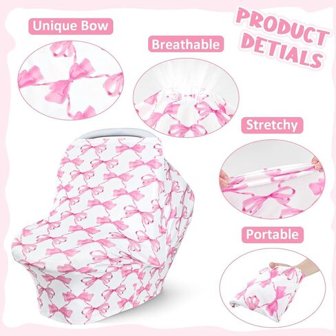 Baby Car Seat Cover Girls, Infant Carseat Canopy, Stretchy Multi- use Nursing Cover for Stroller/High Chair/Shopping Cart/Car Seat Canopies (Pink Bow) in Saudi Arabia