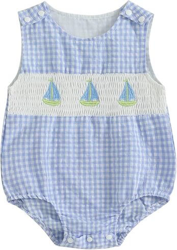Foidiccx الرضع طفلة الصبي الصيف الزي أكمام التطريز الإبحار قارب القماش القطني رومبير ارتداءها لطيف Smocked الزي in Kuwait