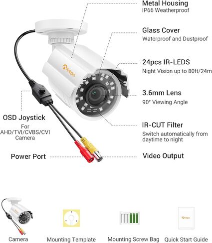 Anlapus 1080P HD Hybrid 4-in-1 Security Camera Outdoor, Night Vision, IP66 Weatherproof, TVI/CVI/AHD/CVBS CCTV Bullet Camera for 1080P/5MP/4K Analog Surveillance DVR System in Saudi Arabia