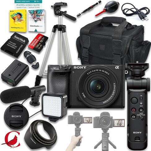 كاميرا سوني a6400 بدون مرآة مع عدسة مقاس 16-50 ملم f/3.5-5.6 II + مقبض تصوير لاسلكي GP-VPT3 من سوني + بطاقة ذاكرة سعة 128 جيجابايت + ضوء LED + ميكروفون + المزيد (حزمة مكونة من 21 قطعة) in Kuwait