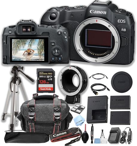 هيكل كاميرا Canon EOS R8 بدون مرآة + ذاكرة Pro Speed ​​سعة 128 جيجابايت + محول عدسة EF-RF + حافظة + حامل ثلاثي الأرجل - حزمة احترافية (متجددة) in Kuwait