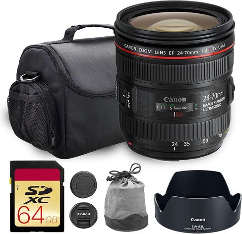 عدسة Canon EF 24-70mm f/4L هي عدسة USM | تكبير قياسي من السلسلة L مع تثبيت الصورة ووضع الماكرو والتركيز التلقائي السريع | مثالية للصور الشخصية وحفلات الزفاف والتصوير الفوتوغرافي أثناء السفر (6313B002) + حقيبة + بطاقة سعة 64 جيجابايت in Kuwait
