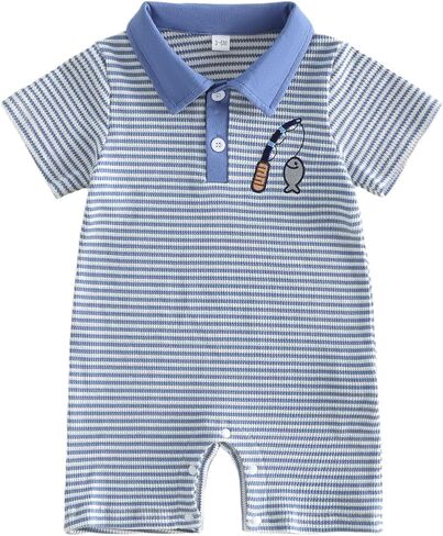 Bagilaanoe Infant Baby Boy Short Sleeve Romper Jumpsuit Fishing/Tracor Waffle Knit Outfit Summer One Piece Clothes in Kuwait