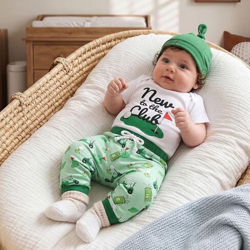 Baby Boy Golf Outfit New to the Club Bodysuit Golf Cart Jogger Pants Hat Set Cute Newborn Coming Home Summer Clothes in Saudi Arabia