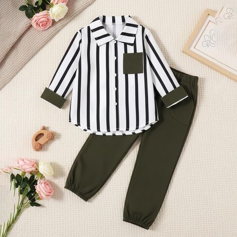 2Pcs Little Boy Kids Clothes Outfits Long Sleeve Stripes Shirt and Pants Lightweight Fall Sweatsuit Set Stripe Polo 4-7T in Kuwait