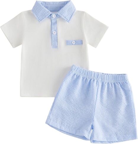 Bonangber Toddler Baby Boy Summer Clothes Lapel Collar Short Sleeve Romper and Plaid Elastic Waist Shorts Sets Summer Outfit in Kuwait