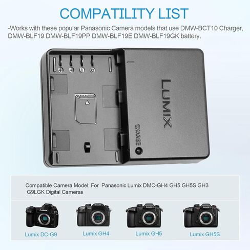 شاحن بطارية DMW-BCT10 DMW-BLF19 DMW-BLF19E DMW-BLF19PP متوافق مع كاميرا Panasonic Lumix DC-G9، DC-GH5، DMC-GH3، DMC-GH3K، DMC-GH4، DMC-GH4K الرقمية وسلك طاقة تيار متردد 120 سم in Kuwait