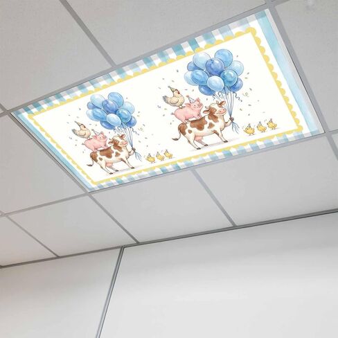 Cute Farm Animals Fluorescent Light Covers for Ceiling Lights 4x2 feet,1 Pack Magnetic Light Filters for Classroom,Cow Pig Chicken Blue Balloon Striped Fluorescent Lamp Shade Panel for Office School in Kuwait