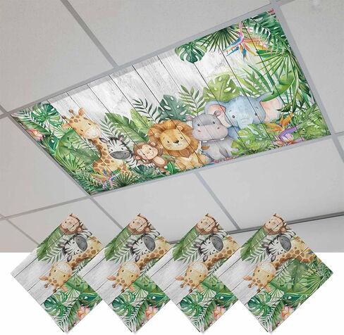 Cute Funny Animals Fluorescent Light Covers for Ceiling Lights 4x2 feet,2 Pack Magnetic Light Filters for Classroom,Summer Botanical Tropical Rustic Fluorescent Lamp Shade Panel for Office School Drop in Saudi Arabia