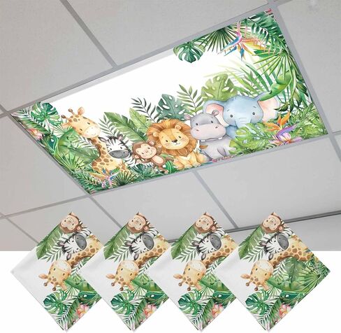 Cute Funny Animals Fluorescent Light Covers for Ceiling Lights 4x2 feet,2 Pack Magnetic Light Filters for Classroom,Summer Botanical Tropical Rustic Fluorescent Lamp Shade Panel for Office School Drop in Saudi Arabia