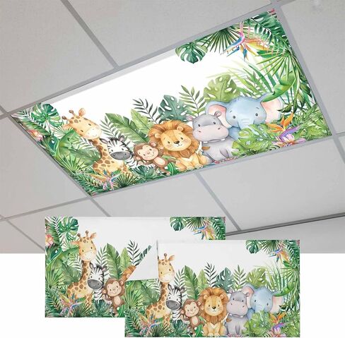 Cute Funny Animals Fluorescent Light Covers for Ceiling Lights 4x2 feet,2 Pack Magnetic Light Filters for Classroom,Summer Botanical Tropical Rustic Fluorescent Lamp Shade Panel for Office School Drop in Saudi Arabia
