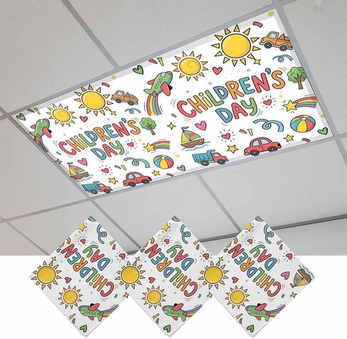 Children's Day Fluorescent Light Covers for Ceiling Lights 4x2 feet,3 Pack Magnetic Light Filters for Classroom,Car Tree Stars Modern Abstract Art Fluorescent Lamp Shade Panel for Office School Drop in Saudi Arabia