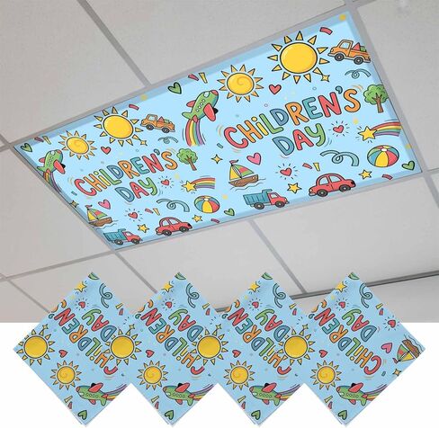 Children's Day Fluorescent Light Covers for Ceiling Lights 4x2 feet,3 Pack Magnetic Light Filters for Classroom,Car Tree Stars Modern Abstract Art Fluorescent Lamp Shade Panel for Office School Drop in Saudi Arabia