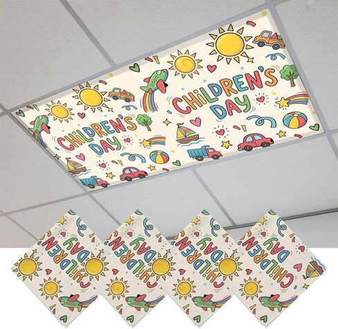 Children's Day Fluorescent Light Covers for Ceiling Lights 4x2 feet,3 Pack Magnetic Light Filters for Classroom,Car Tree Stars Modern Abstract Art Fluorescent Lamp Shade Panel for Office School Drop in Saudi Arabia