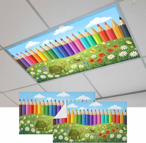 Cartoon Cute Fluorescent Light Covers for Ceiling Lights 4x2 feet,1 Pack Magnetic Light Filters for Classroom,Country Colorful Botanical Sky Blue Green Fluorescent Lamp Shade Panel for Office School in Kuwait