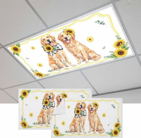 Sunflower Dogs Fluorescent Light Covers for Ceiling Lights 4x2 feet,1 Pack Magnetic Light Filters for Classroom,Cute Puppy Vintage Linen Texture Fluorescent Lamp Shade Panel for Office School Drop in Kuwait