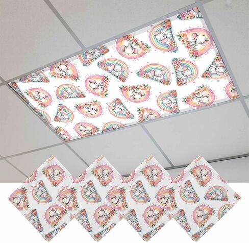 Pink Cute Elephant Fluorescent Light Covers for Ceiling Lights 4x2 feet,2 Pack Magnetic Light Filters for Classroom,Spring Floral Botanical Rainbow Fluorescent Lamp Shade Panel for Office School Drop in Saudi Arabia