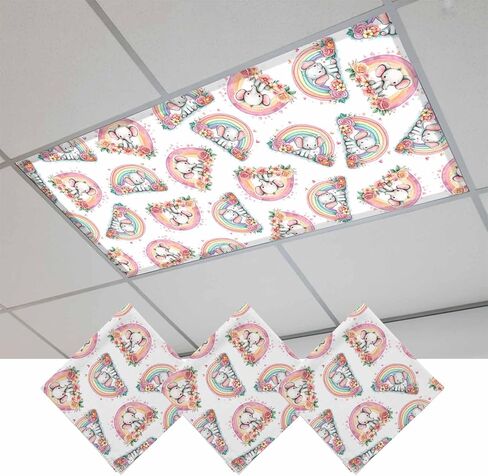 Pink Cute Elephant Fluorescent Light Covers for Ceiling Lights 4x2 feet,2 Pack Magnetic Light Filters for Classroom,Spring Floral Botanical Rainbow Fluorescent Lamp Shade Panel for Office School Drop in Saudi Arabia