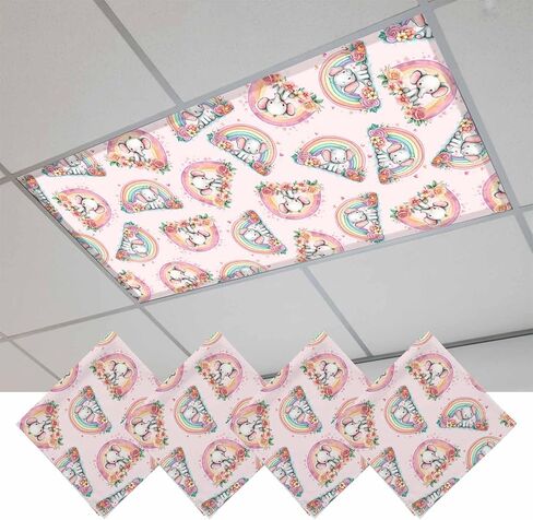 Pink Cute Elephant Fluorescent Light Covers for Ceiling Lights 4x2 feet,2 Pack Magnetic Light Filters for Classroom,Spring Floral Botanical Rainbow Fluorescent Lamp Shade Panel for Office School Drop in Saudi Arabia