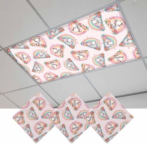 Pink Cute Elephant Fluorescent Light Covers for Ceiling Lights 4x2 feet,2 Pack Magnetic Light Filters for Classroom,Spring Floral Botanical Rainbow Fluorescent Lamp Shade Panel for Office School Drop in Saudi Arabia