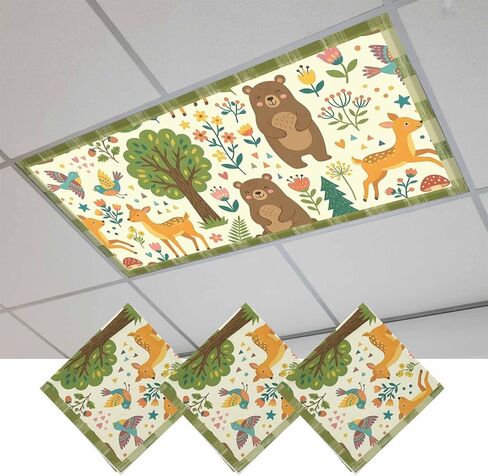 Green Beige Forest Animals Fluorescent Light Covers for Ceiling Lights 4x2 feet,4 Pack Magnetic Light Filters for Classroom,Cartoon Deer Bears Botanical Fluorescent Lamp Shade Panel for Office School in Kuwait