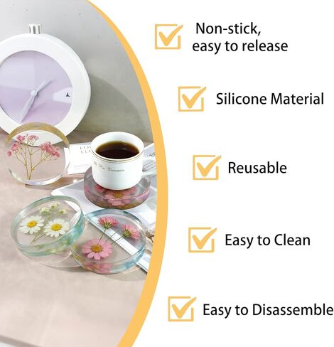 6-Cavity Round Silicone Resin Coaster Molds, Jewelry Resin Casting for Crafts Flower Bead Candle Clay Molds (12.99"×8.66") in Saudi Arabia