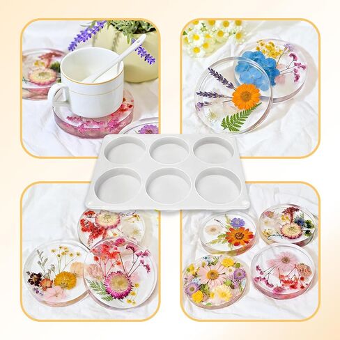 6-Cavity Round Silicone Resin Coaster Molds, Jewelry Resin Casting for Crafts Flower Bead Candle Clay Molds (12.99"×8.66") in Saudi Arabia