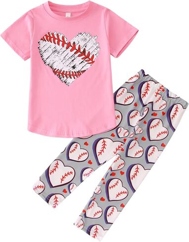 GLIGLITTR Baseball Outfits for Toddler Girl Love Heart Baseball Shirt Top+Pants Kids Game Day Short Sleeve Summer Clothes Set in Saudi Arabia