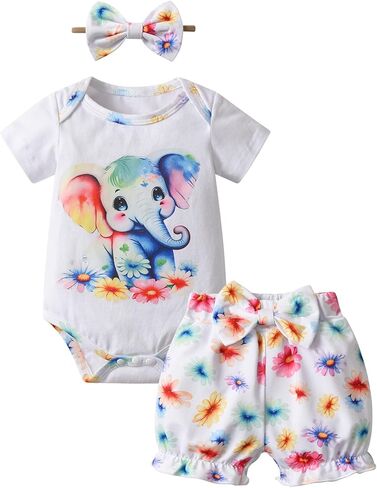 Kulcerry 3PCS Infant Baby Girl Clothes Summer Cartoon Little Elephant Bodysuit + Flower Shorts + Headband Outfits Set in Kuwait