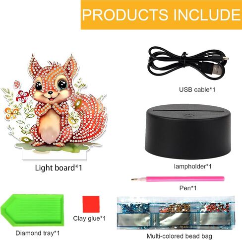 Tdferan Diamond Painting LED LED LIDE 5D DIY Squirrel Diamond Art Kits للبالغين أضواء الغرفة مصباح فن الماس الكريستال الماس مجموعات LED LED لغرفة النوم GEM ART Light Light For Room Decor in Kuwait