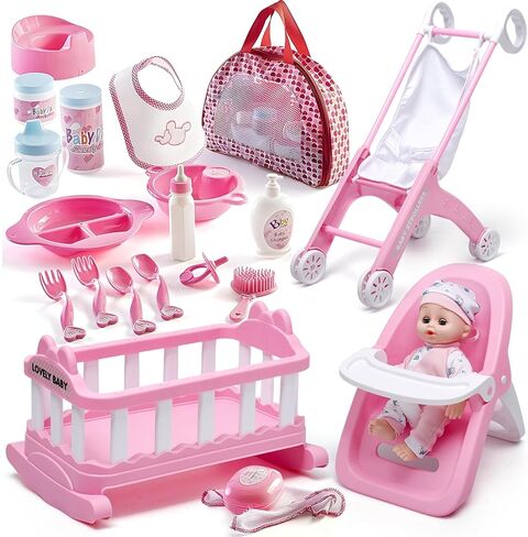 Prextex Baby Doll Stroller Toy - Pink ABS/PP Material, Role-Playing Benefits, Hand-Eye Coordination, Speech Development, Creativity, Communication in Kuwait