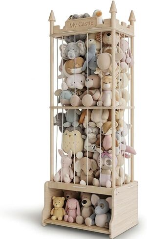 Knot-Free Wooden Stuffed Animal Storage Tower with Pre-Installed Cords, Montessori Stuffed Animal Zoo Furniture with Castle Top & Toy Chest, 57" Hand-Sanded Natural Wood (Montessori Castle) in Saudi Arabia