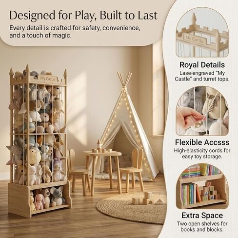 Knot-Free Wooden Stuffed Animal Storage Tower with Pre-Installed Cords, Montessori Stuffed Animal Zoo Furniture with Castle Top & Toy Chest, 57" Hand-Sanded Natural Wood (Montessori Castle) in Saudi Arabia