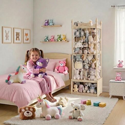 Knot-Free Wooden Stuffed Animal Storage Tower with Pre-Installed Cords, Montessori Stuffed Animal Zoo Furniture with Castle Top & Toy Chest, 57" Hand-Sanded Natural Wood (Montessori Castle) in Saudi Arabia