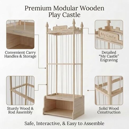 Knot-Free Wooden Stuffed Animal Storage Tower with Pre-Installed Cords, Montessori Stuffed Animal Zoo Furniture with Castle Top & Toy Chest, 57" Hand-Sanded Natural Wood (Montessori Castle) in Kuwait