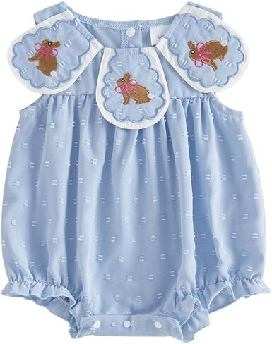 Newborn Baby Girl Easter Outfit Bunny Bow Embroidery Collar Sleeveless Bubble Romper Bodysuit Jumpsuit Clothes in Saudi Arabia