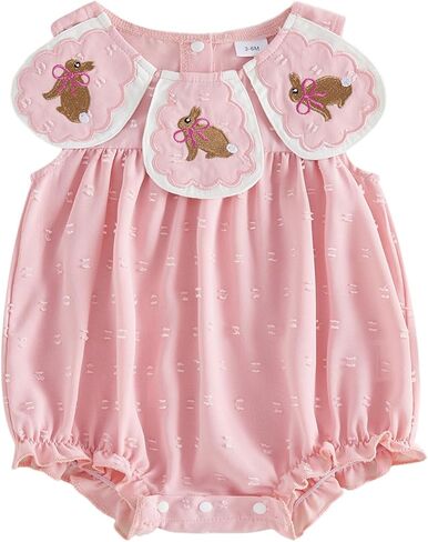 Newborn Baby Girl Easter Outfit Bunny Bow Embroidery Collar Sleeveless Bubble Romper Bodysuit Jumpsuit Clothes in Saudi Arabia