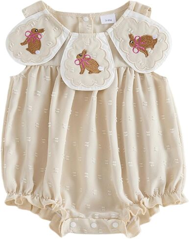 Newborn Baby Girl Easter Outfit Bunny Bow Embroidery Collar Sleeveless Bubble Romper Bodysuit Jumpsuit Clothes in Saudi Arabia